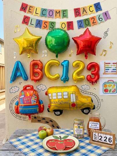 11pcs/Set Back To School Theme Balloon Set, ABC123 Letter & Number Foil Balloons, School Bus Foil Balloons, Backpack Foil Balloons, Multi-Color Star/Round Foil Balloons, Back To School Party Decor, Atmosphere Photo Props