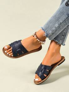 Ximi Ruo Koreanischer Stil lässige flache Pantoletten für Frauen, offene Zehenpartie, gewebte römische Sandalen, geeignet für Frühling, Sommer, Strand, Urlaub, passend zu Kleidern, braun - marineblau - Übersicht 3