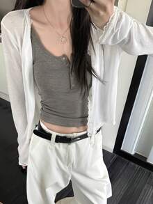 春/夏新款蕾絲拼接花卉飾邊軟針織開襟衫輕便外套上衣女款 白色 唯美風 - 白色 - 查看 1