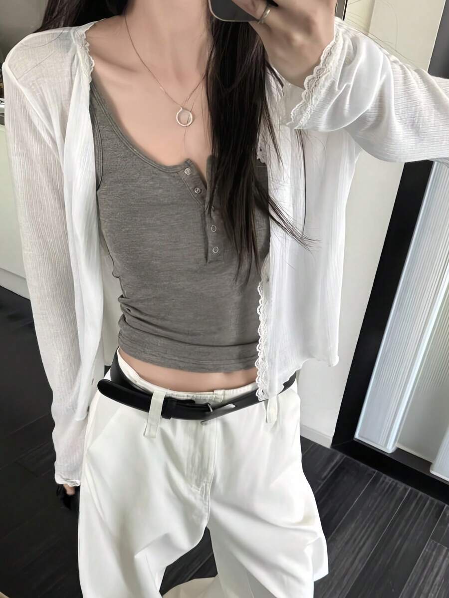 春/夏新款蕾絲拼接花卉飾邊軟針織開襟衫輕便外套上衣女款 白色 唯美風 - 白色 - 查看 1
