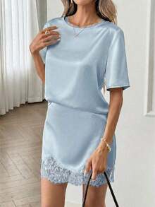 Crew Neck T-Shirt Top And Lace Patchwork A-Line Skirt Set, Silk Satin And Lace Patchwork Casual Loose Elegant Office Lady Style, Spring/Summer Women 2-Piece Set - Celeste - Ver 5