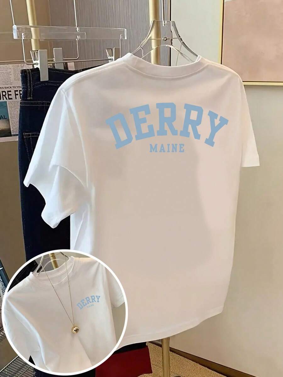 Short Sleeve T-Shirt With Front And Back Print - Fashion Print DERRY, MAINE - Women's Printed T-Shirt For Spring/Summer, Fashion Item. - White - View 1