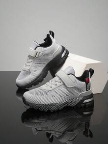 Kids' Gray Letter Pattern Splice Sneakers, Hook And Loop Design For Easy On/Off, Knitted Breathable Soft Sole Protective Casual Running Shoes For Boys And Girls - Grey - View 3