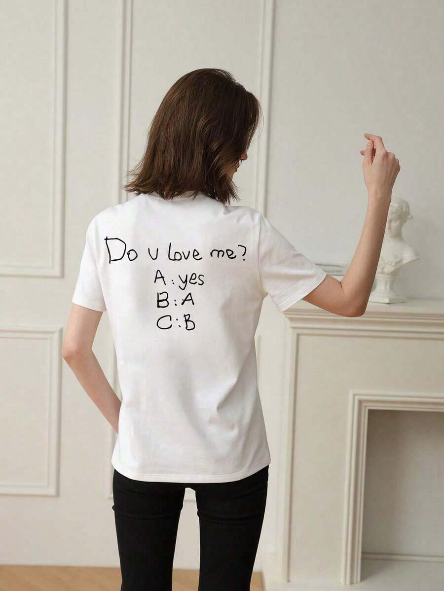 Manga corta: ¿Me amas? Nueva camiseta de manga corta con cuello redondo y estampado de letras para mujer, estilo casual de primavera/verano, a la moda y de estilo urbano, imprescindible para las vacaciones. Camiseta blanca estampada para mujer, 100% algodón. - Blanco - Ver 1