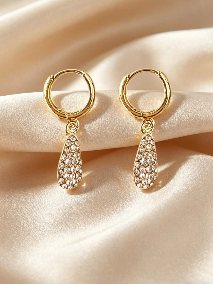 1 par de pendientes con gota de agua de estilo minimalista de lujo y pedrería de circonita micro-engastada - Amarillo Oro - Ver 1