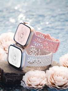 3件組蕾絲鏤空花卉雕花錶帶，相容 49mm 46mm 45mm 44mm 42mm 41mm 40mm 38mm，波西米亞風可愛細款透氣矽膠錶帶，適用 Series Ultra 11 10 9 8 7 6 5 4 3 2 1 SE，男女通用 - 黑+星光+粉砂 - 查看 11