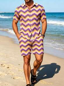 Men's Vacation Style Wave Striped Print Short Sleeve Shirt And Shorts Set - Multicolor - View 4