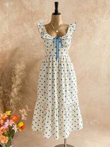 Vestido midi de línea A con cintura fruncida y escote en V, estilo vacacional para mujer.Vestido de línea A con volantes en las mangas tipo campana, de gasa, vestido de verano, adecuado para uso en bodas románticas y almuerzos - Multicolor - Ver 5