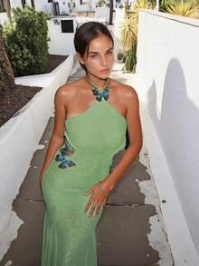 Vestido largo estilo europeo con cuello colgante mariposa corte hueco espalda descubierta y diseño de cola de pez - Verde - Ver 3