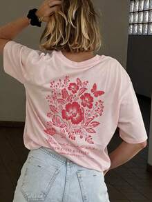 女士夏季新款休闲花卉字母印花宽松百搭圆领深灰色短袖T恤，时尚日常及假日穿着，粉色 - 粉色 - 查看 9