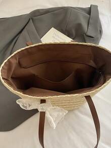 1pc High-Quality Textured Straw Bucket Handbag, Suitable For Daily Use, Dates, Shopping, And Fashionable Vacation Essentials - Beige - View 8