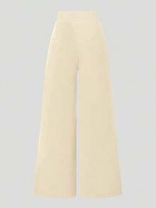Pantalones largos de pierna ancha para mujer, color verde oscuro sólido, cintura alta con diseño en V y costuras centrales, tejido de punto suave y cómodo, estilo elegante casual, ideal para uso diario, trabajo, oficina, salidas informales y todas las estaciones del año - Albaricoque - Ver 2