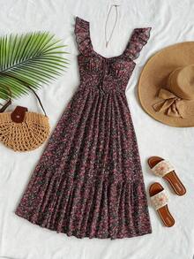 Vestido midi de línea A con cintura fruncida y escote en V, estilo vacacional para mujer.Vestido de línea A con volantes en las mangas tipo campana, de gasa, vestido de verano, adecuado para uso en bodas románticas y almuerzos - Multicolor - Ver 11