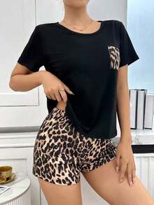 Conjunto de pijama con cuello redondo y manga corta con estampado de leopardo - Negro - Ver 5