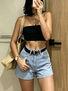 Quần short denim co giãn, đa năng, thoải mái dành cho nữ. - Rửa nhẹ - Xem 4