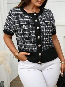 Plus Size Casual Button Contrast Color Pocket Short Sleeve Knit Cardigan Sweater Black - Black - View 1