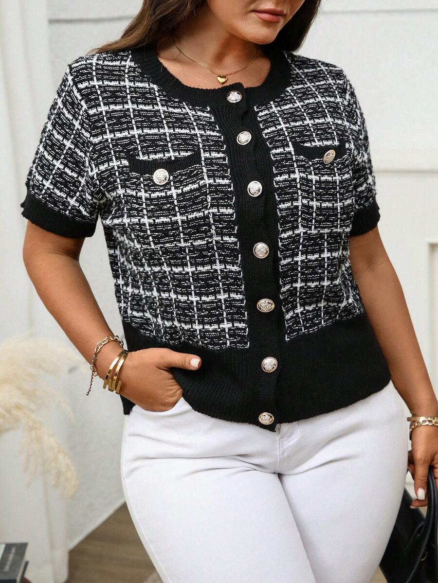 Plus Size Casual Button Contrast Color Pocket Short Sleeve Knit Cardigan Sweater Black - Black - View 1