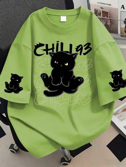 Camiseta de mujer talla grande de estilo minimalista con estampado de letras y gatos, de cuello redondo, de manga corta con estampado, adecuada para uso diario, vacaciones en la playa; adecuada para uso diario, salidas, viajes, playa, fiestas, atuendo de verano para mujer, atuendo de vacaciones para mujer