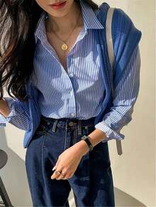 Lindo cárdigan de manga larga con botones y rayas azules, blusa/parte superior casual elegante vintage para mujer, adecuado para primavera/verano, días festivos/Día de San Valentín - Azul y blanco - Ver 5