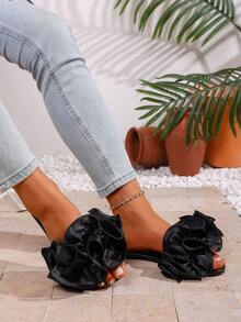 Summer New Minimalist Style Ruched Pleated Fashion Gold Foil Round Toe Flat Comfortable Women's Sandals - Black - View 8