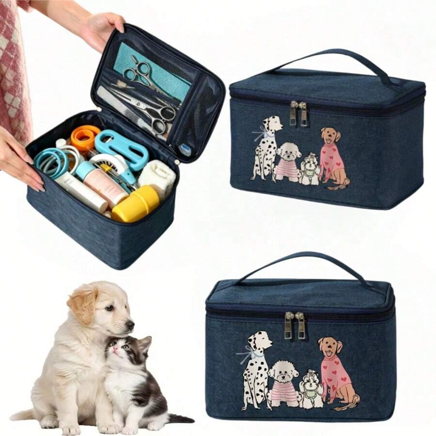 Túi đựng đồ vệ sinh cá nhân bằng vải canvas họa tiết chó mặc áo len, túi du lịch di động tiện dụng. - Nhiều màu - Xem 1