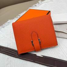 Genuine Leather Short Wallet Women, High-End Box, Large Capacity, Simple Design - Orange (with Box) - View 1