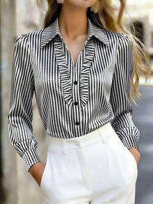 Women's Fashionable Black And White Striped Long Sleeve Ruffle Hem Shirt, Front Button Regular Collar Blouse, Elegant Woven Fabric For Multi-Season Wear - Black and White - View 2