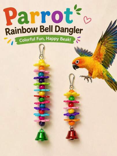 Parrot Rainbow Flower Disc Bell Hanging Chew Toy, Colorful Rainbow With Bell Sound, Multi-Size Durable Chew Toy For Biting And Grinding, Interactive Enrichment For Medium And Small Parrots, Bird Cage Accessories, Parrot Toys (Handmade Accessory Colors Randomly Assembled)