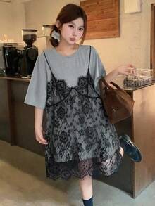 Vestido de mujer con mangas cortas y encaje, 2 en 1, vestidos casuales de mujer, vestidos florales para mujer - Gris - Ver 4
