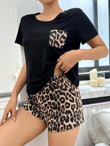 Conjunto de pijama con cuello redondo y manga corta con estampado de leopardo - Negro - Ver 6