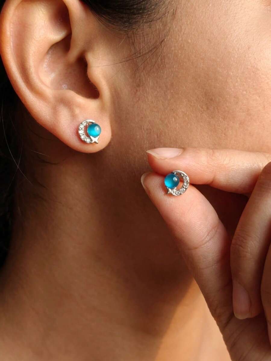 1 par de pendientes de mujer con forma de ojo de gato azul con luna y estrella, moda versátil - Azul - Ver 1