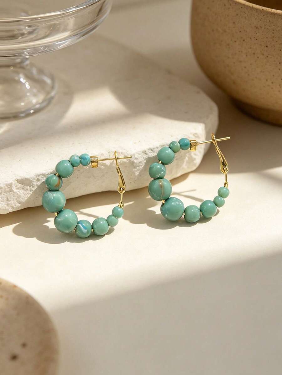 2pcs Elegant Multi-Color Beaded Earrings, High-End Accessories For Party And Daily Style - Turquoise - View 1