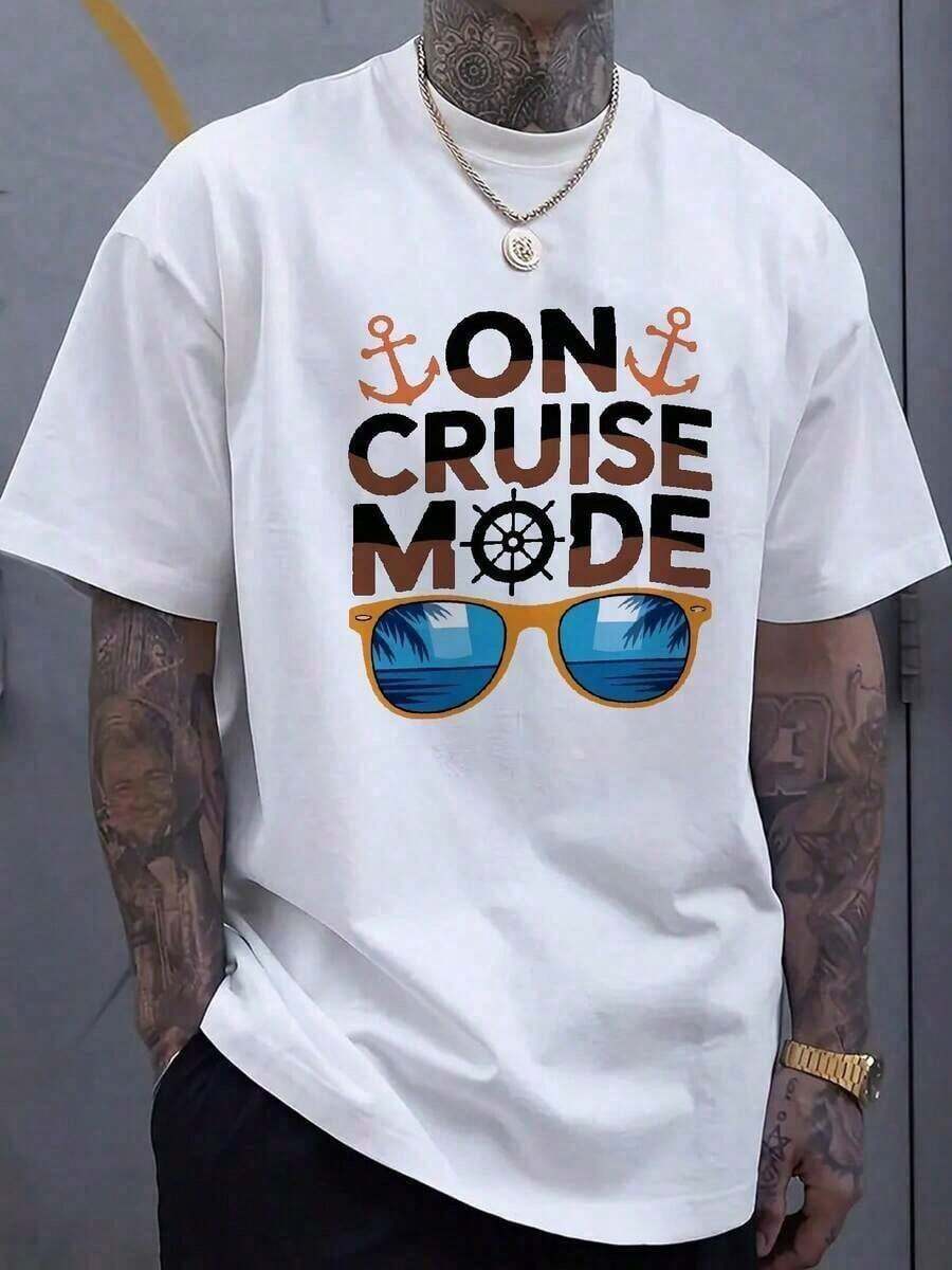 Graphic Shirt "Cruise Mode" - Black With Blue Anchor And Sunglasses Print, Summer Shirt For Vacation And Travel, Casual Short Sleeve, Regular Fit, Perfect For Beach And Pool, Breathable And Comfortable Holiday Shirt. - 白色 - 查看 1
