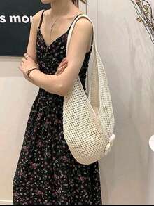两件套：女士钩针编织单肩包和草编遮阳帽 - 可爱花卉网纱沙滩包搭配宽檐帽，轻便透气，适合夏季海滩、旅行、户外活动、度假和节日。 - A - 查看 7