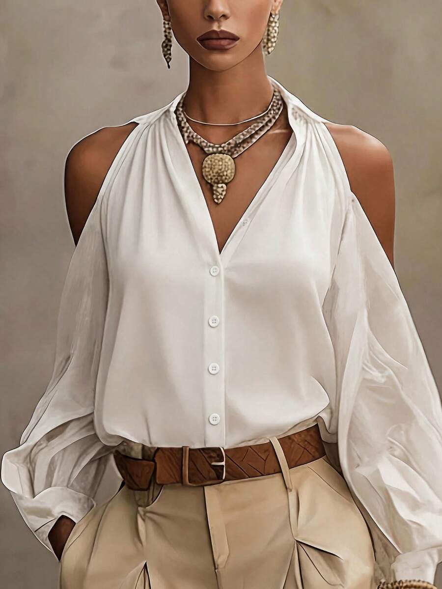 Elegant & Comfortable White Collar Lantern Sleeve Cold Shoulder Top, Spring/Summer - White - View 1