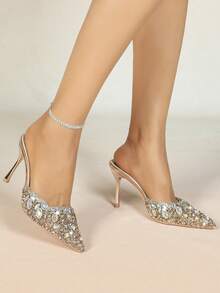 Sandálias de Salto Alto de Moda Feminina, Design de Bico Fino Sem Costas, Decoração de Strass Brilhante, Sandálias de Salto Alto Fino com Tira no Tornozelo, Salto Alto Elegante Sexy Sólido com Babado/Assimétrico/Fivela Irregular Strass para Festa, Casamento, Escritório, Férias, Praia, Interno e Externo, Primavera/Verão, Todas as Estações - Champanhe - Visão 5