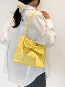 New Fashion Bucket Handbag, Bowknot Decor, Spring/Summer Tote Bag, Shoulder Bag, Commuter Bag, Solid Color Handbag For Women - Yellow - View 5