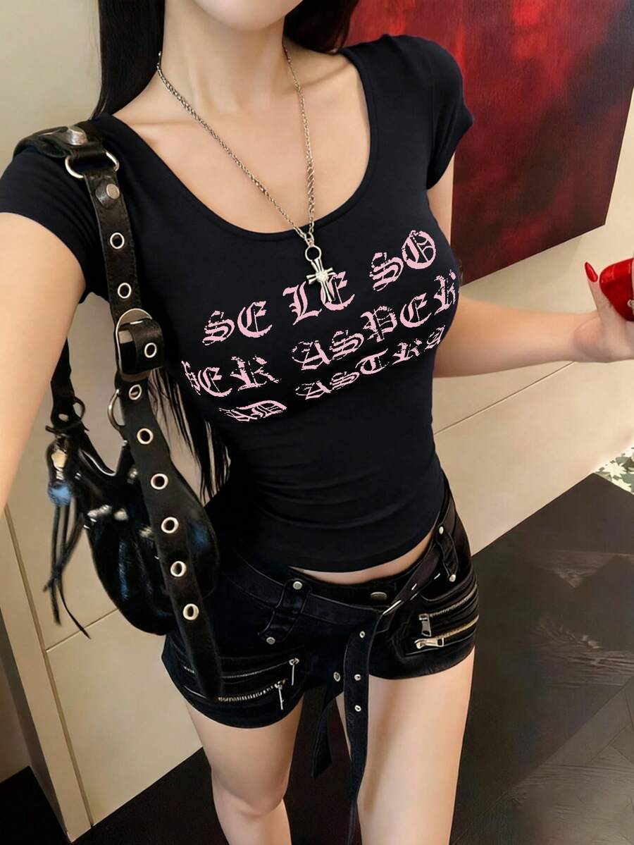 女款U領短袖T恤,夏季新款字母印花,美式辣妹風,時尚休閒百搭修身短版上衣,黑色 - 黑色 - 查看 1