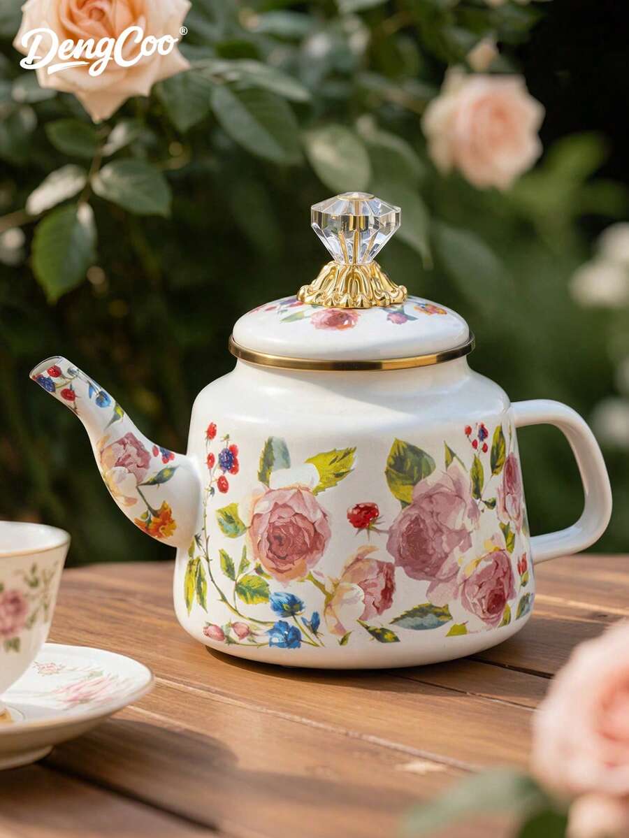Dengcoo 1pc Rose Enamel Teapot, Water Bottle, Large Capacity Teapot, Gas Induction Cooker, Universal Desktop Decoration Enamel Teapot - Rose Enamel Pot - View 1