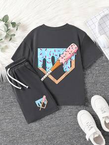 Bộ áo thun ngắn tay cổ tròn in hình hoạt hình dành cho bé trai tuổi teen và quần short. - Màu xám đen - Xem 3