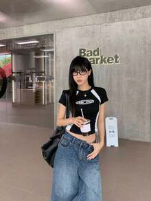 Women's Summer Letter Print Contrast Color Round Neck Short Sleeve Cropped Fitted T-Shirt Casual Black - Black - View 3
