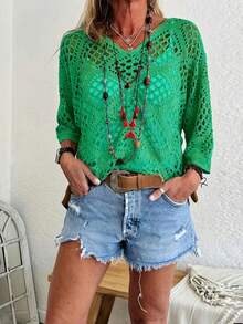 Plus Size Hollow Out Loose Knit Pullover Sweater, Suitable For Summer Vacation - Green - View 2