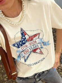 2026 USA 250th Independence Anniversary Women's Standard Star Pattern T-Shirt, 1776-2026 Celebration Edition Casual Summer - Apricot - View 2