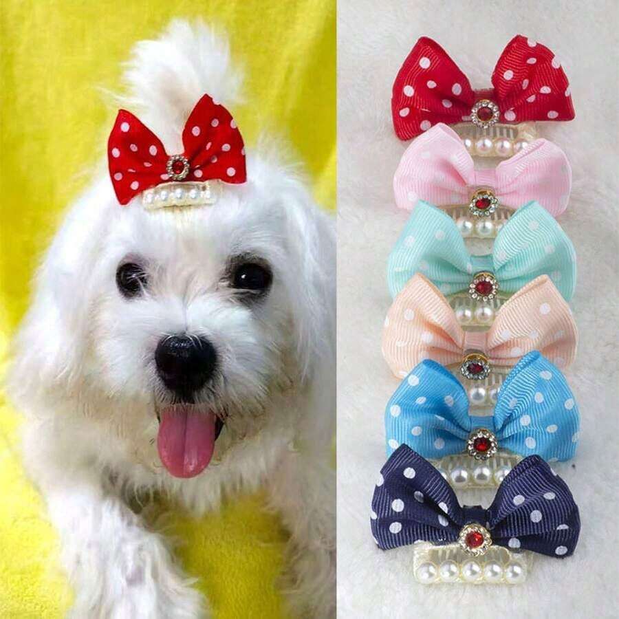 New Rhinestone Bow Pet Hair Clips, Cute Dog Hair Accessories For Yorkie Maltese, Cat Dog General Hairpins - Red and White - View 1
