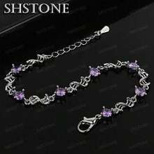 Pulseira de prata esterlina 925 com cristal roxo e trevo de quatro folhas, 17 cm + extensor de 4 cm, joia de luxo de designer para mulheres, ideal para festas e casamentos. - Roxa - Ver 4