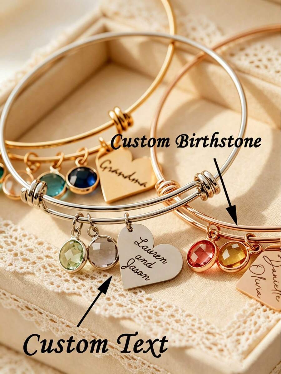Braccialetto personalizzato con pietra di compleanno, braccialetto con ciondolo a forma di cuore personalizzato, braccialetto con ciondolo a forma di cuore e pietra di compleanno personalizzata, gioielli per mamma e nonna, regalo personalizzato, gioielli di compleanno personalizzati, regalo di compleanno, regalo in acciaio inossidabile, gioielli estivi, adatto come accessorio per damigelle, anniversario, regalo per la festa della mamma - Multicolore - Visualizzare 1