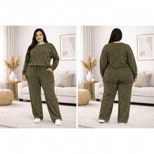 Lanzinha Ribi Plus Size Winter Set - Long-Sleeved Blouse And Wide-Leg Pants - Super Comfortable - Army Green - View 2