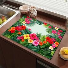 1pc Colorful Floral Print Absorbent Mat/Drying Mat For Coffee Maker, Dishes - Polyester Absorbent Desktop Protective Mat With Rubber Anti-Slip Pad, For Kitchen Counter Decor, Home Bar And Dining Table - Multicolor - View 3