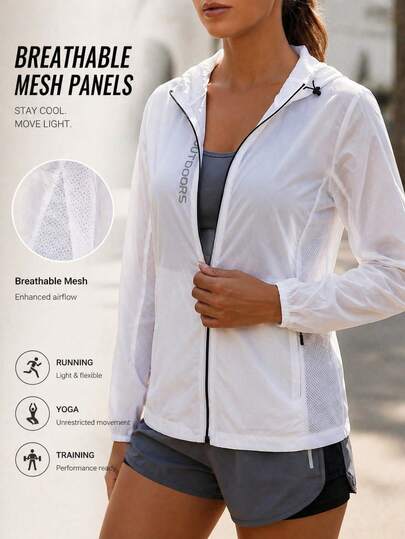 Casaco Leve de Proteção UV para Mulheres, Jaqueta de Verão para Viagem, Jaqueta com Capuz Transparente com Zíper, Casaco Casual de Proteção Solar, Camisa Cobertura de Praia, Jaqueta Branca Fina