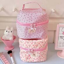 1 Stück extra große rosa gestreifte Kirsch-Muster Kosmetiktasche, Handtasche mit großer Kapazität, tragbare wasserdichte Reise-Organizer-Tasche, mädchenhafte einfache Make-up-Tasche für den Alltag, Camping, Pendeln, faltbare Make-up-Werkzeug-Aufbewahrungstasche, Geschenk für Frauen Urlaubsparty - Verschiedenfarbig - Übersicht 3